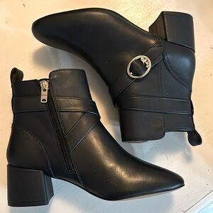 COACH Nadia Leather Ankle Bootie Heeled Buckle Logo Black Size 5.5